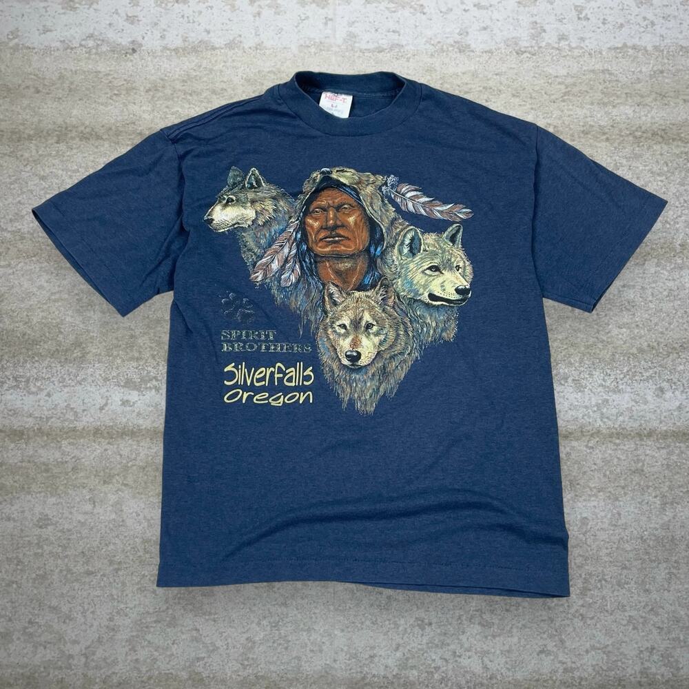 Vintage 90s Native American Shirt Mens L Blue Nature Short Sleeve Cotton Wolf